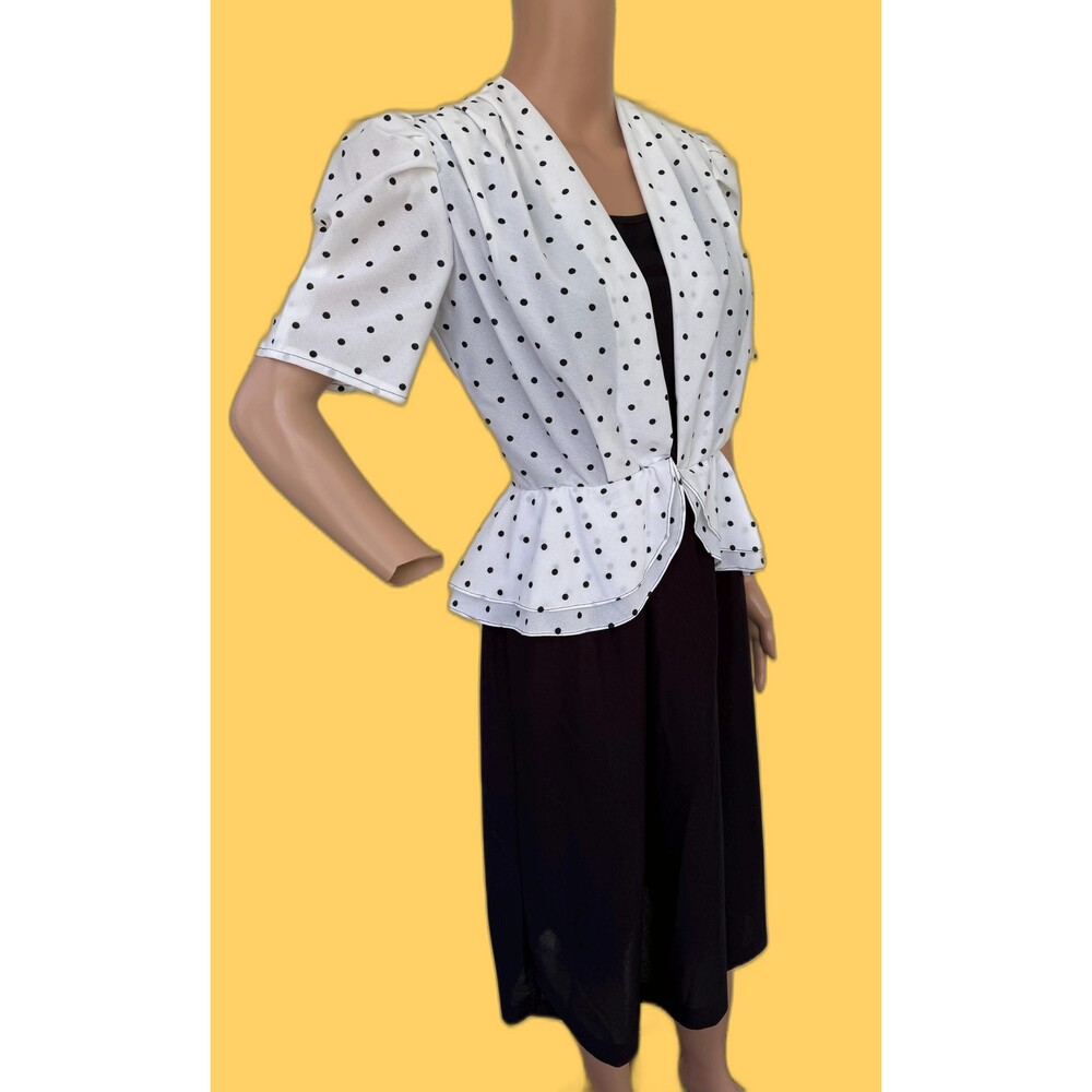 80s Polka Dot Peplum Dress Black White Sheer XS S - Picture 5 of 10